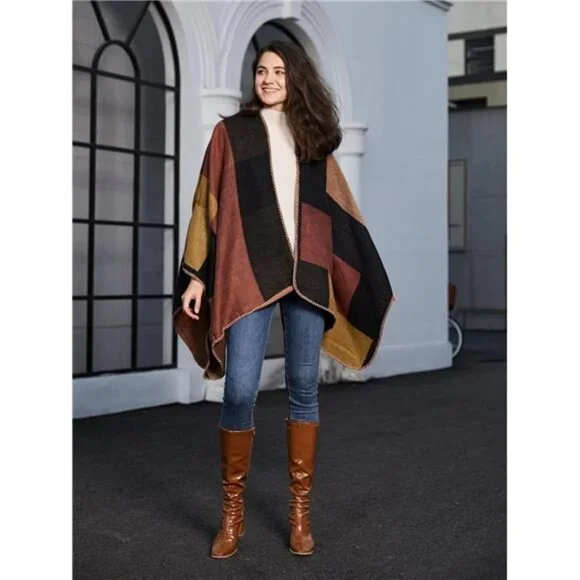 Women's Printed Shawl Wrap Fashionable Open Front Poncho Cape, - Picture 6 of 7